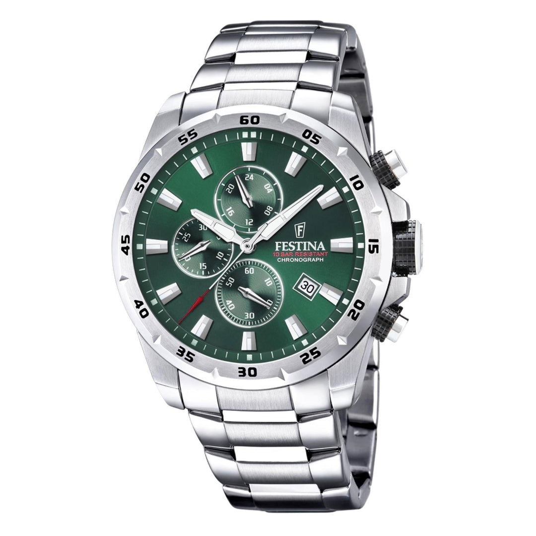 Festina F20463/3 Men's Chronograph Green Dial Silver Tone Bracelet Wristwatch - H S Johnson