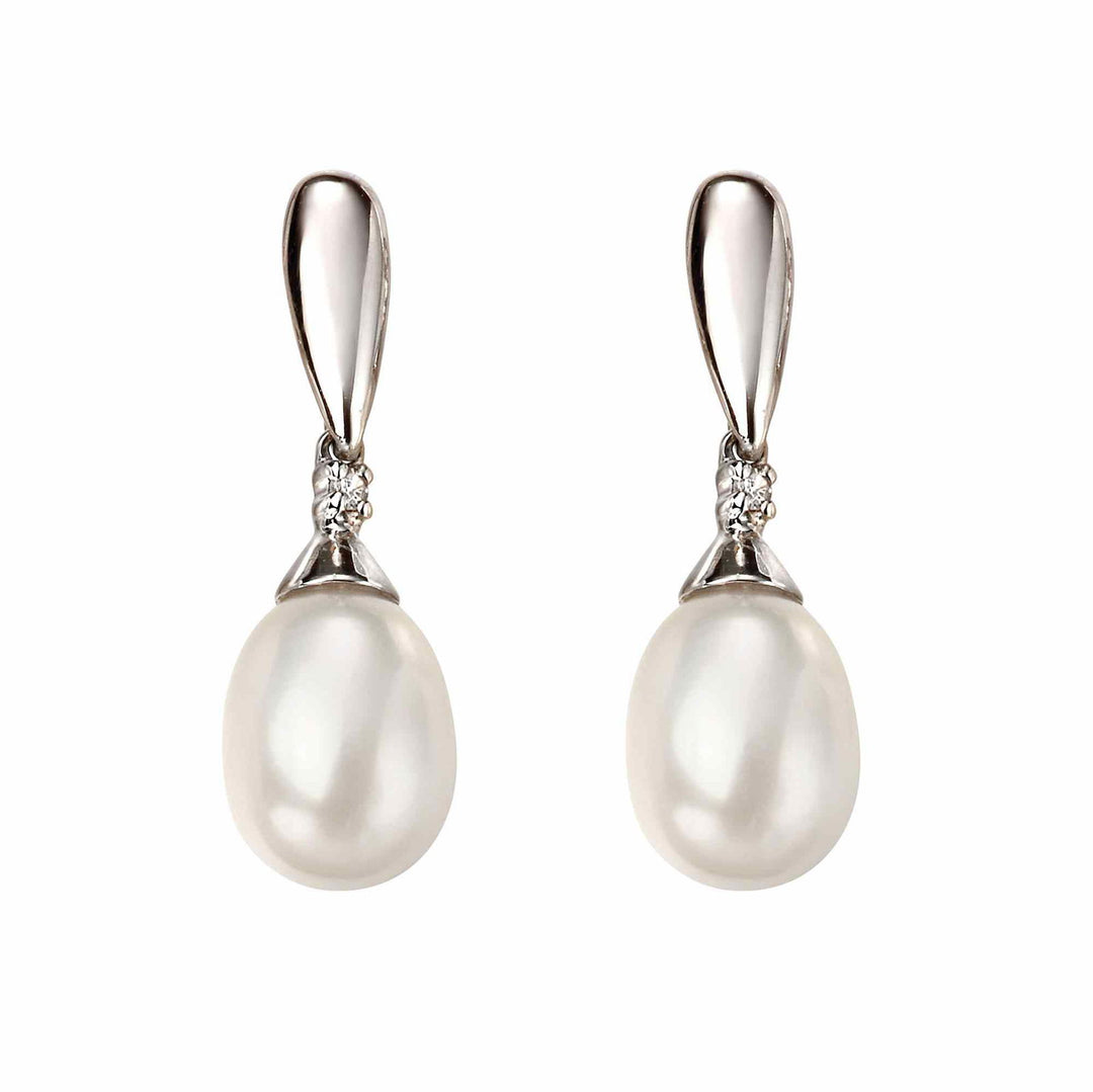 Elements Gold GE2075W Freshwater Pearl and Diamond Drop Earrings - H S Johnson
