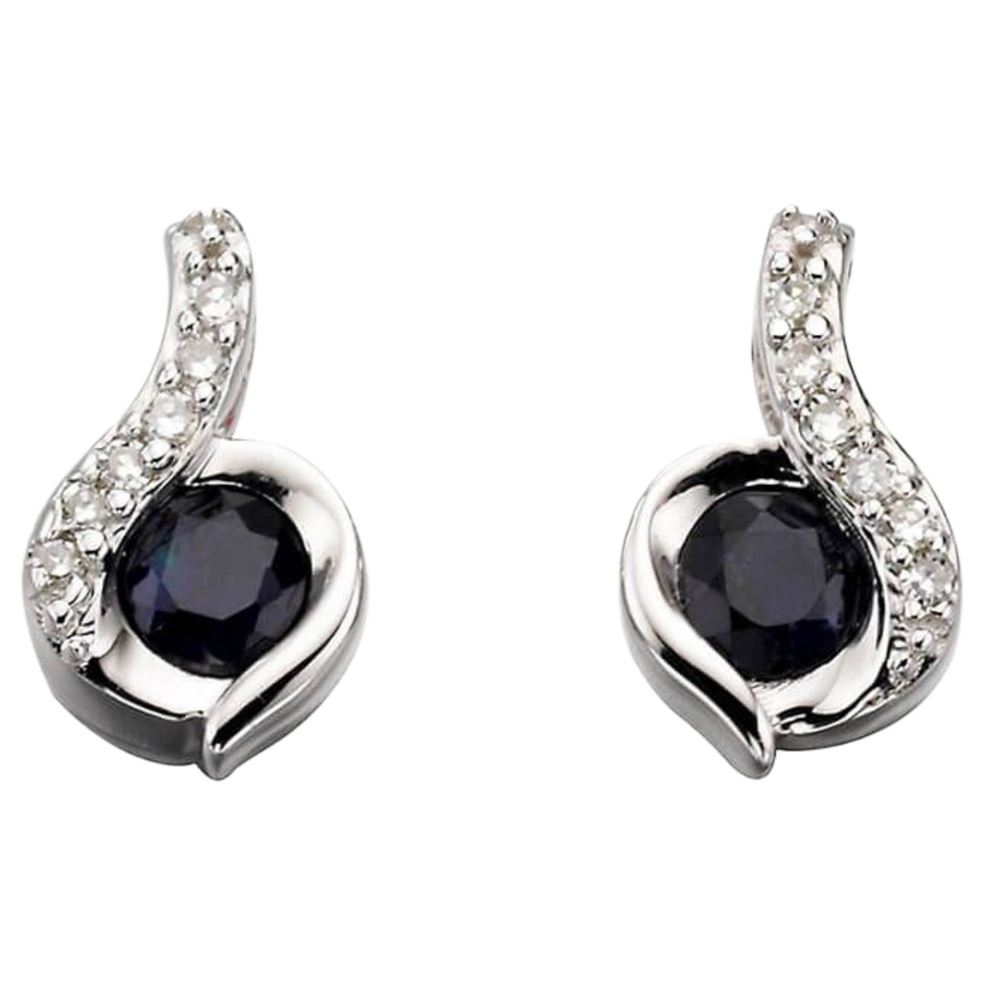 Elements Gold GE893L Blue Sapphire Swirl Earrings With Diamond in 9ct White Gold