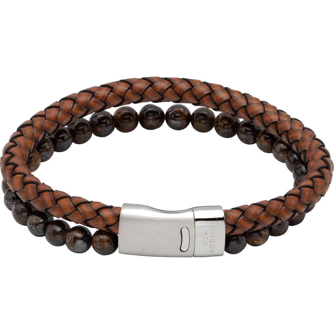 Unique & Co B482ADB/21CM Men's Leather Tiger Eye Bracelet
