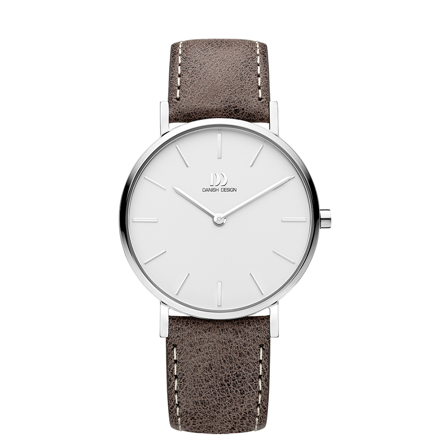 A minimalist analog watch with a white dial, silver-tone case, and a textured brown leather strap with white stitching, shown against a plain white background.