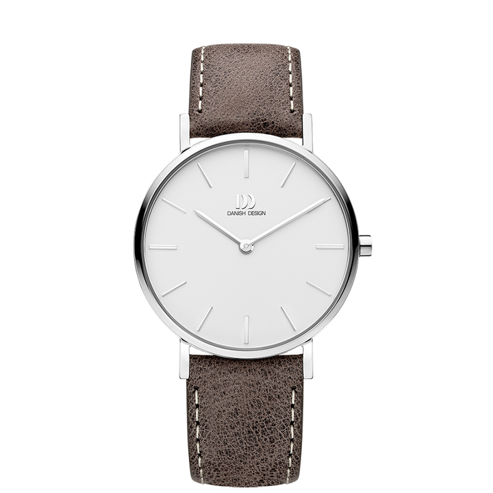 A minimalist analog watch with a white dial, silver-tone case, and a textured brown leather strap with white stitching, shown against a plain white background.