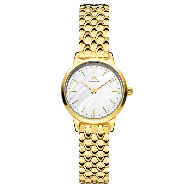 A gold-tone women's watch with a scalloped metal link bracelet, a round white dial, and gold-tone hands and hour markers, shown against a light textured background.