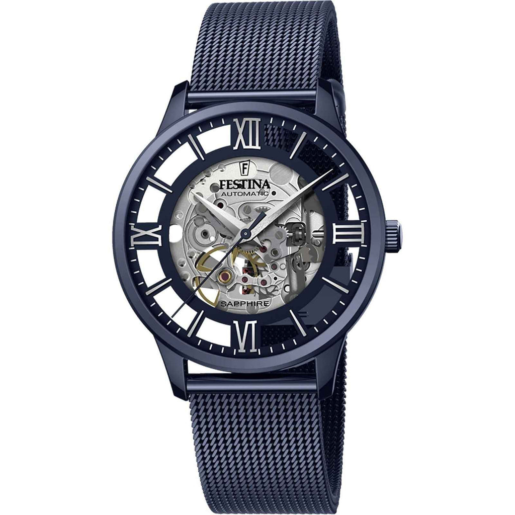 F20574 1 Skeleton Dial Mesh Strap Watch