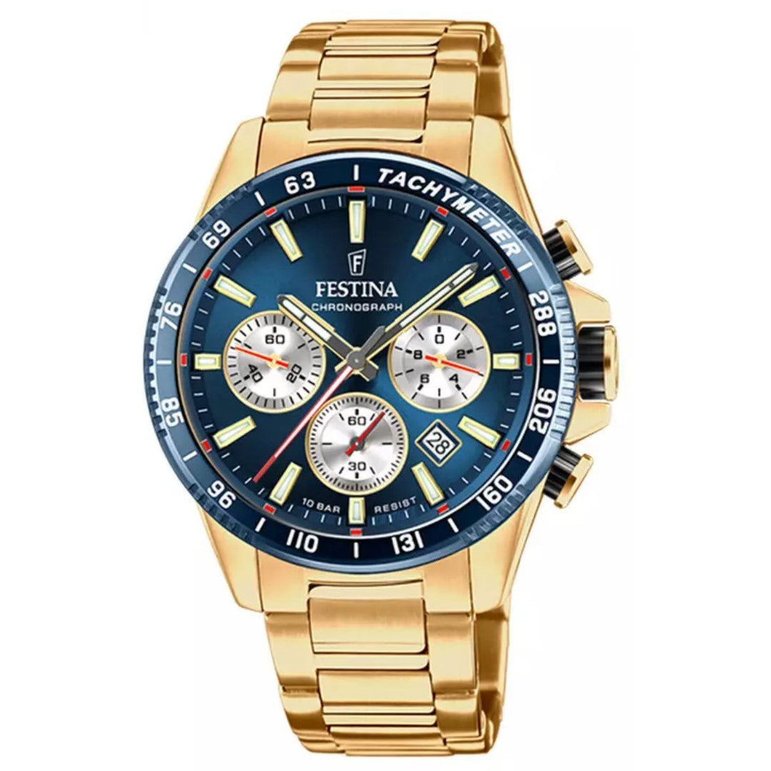 Festina F20634/2 Men's Blue Dial Gold Tone Case Chronograph Wristwatch - H S Johnson