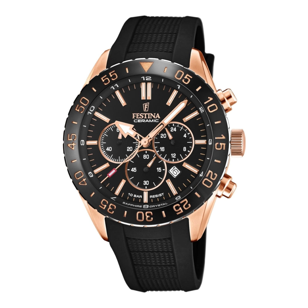 Festina F20516/2 Men's Chronograph Rose Gold Tone Case Black Rubber Strap Wristwatch - H S Johnson