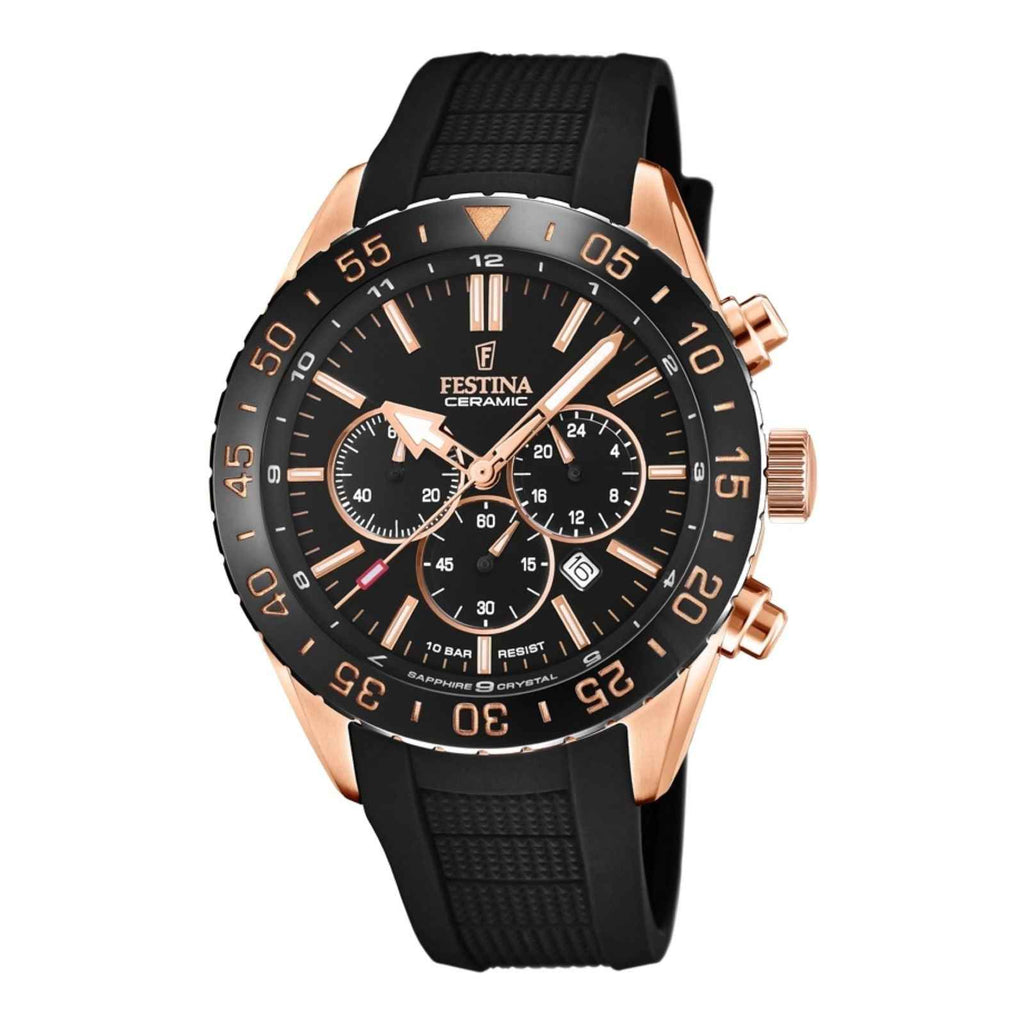 F20516 2 Chronograph Rose Gold Tone Case Black Rubber Strap Watch
