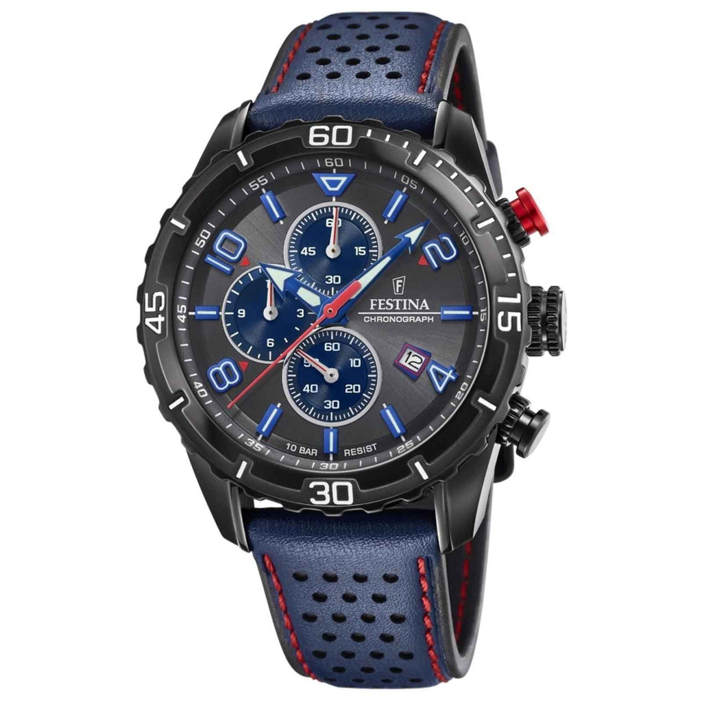 F20519 3 Chronograph Grey Dial Leather Strap Watch