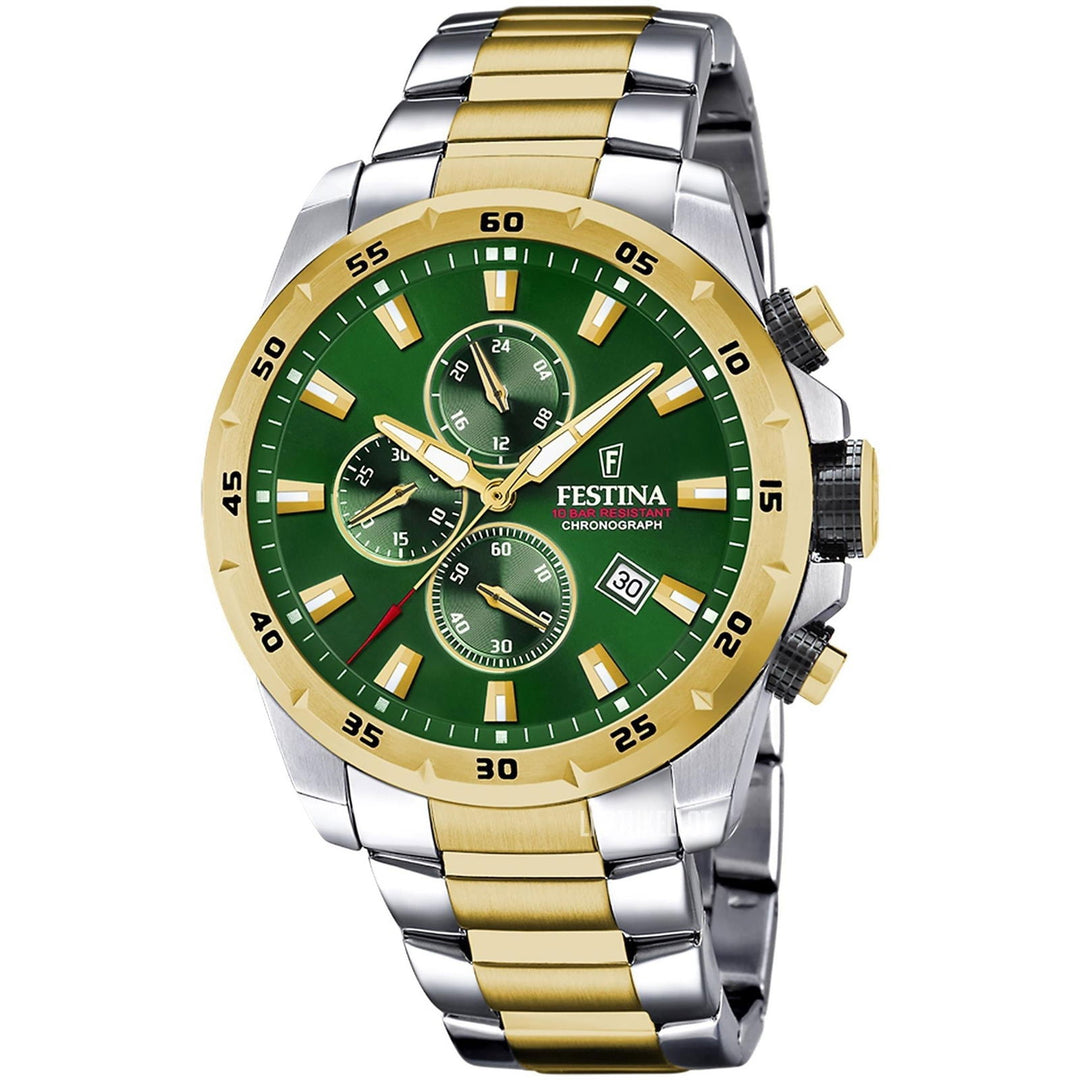 Festina F20562/3 Men's Green Dial Two Tone Steel Bracelet Wristwatch - H S Johnson