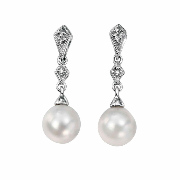 Elements Gold GE807W Freshwater Pearl and Diamond Drop Earrings - H S Johnson