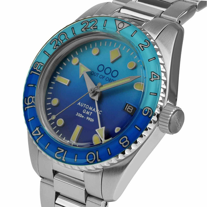 Out Of Order 001-25.BB.BAND.SS Men's Bomba Blu Auto Ultra Brushed GMT Wristwatch - H S Johnson