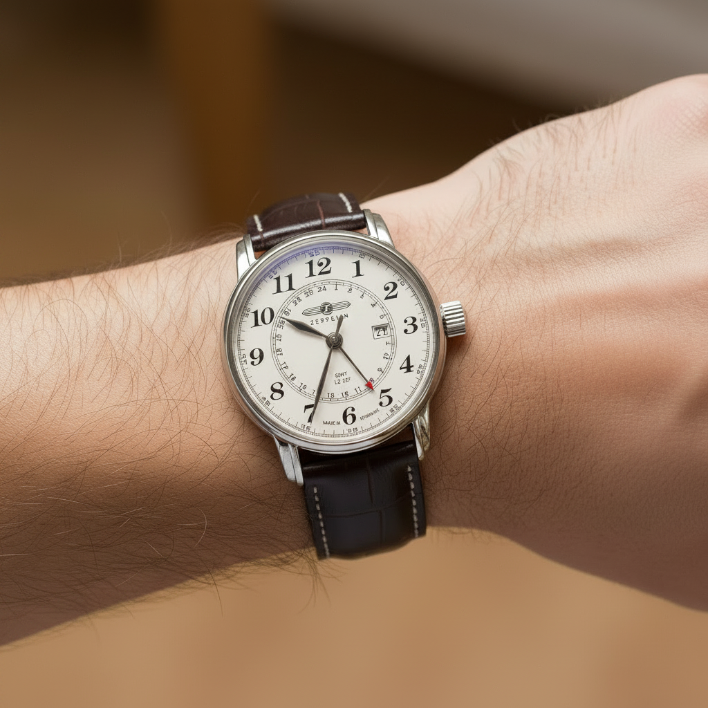 Wrist wearing a watch with a brown strap on a blurred background
