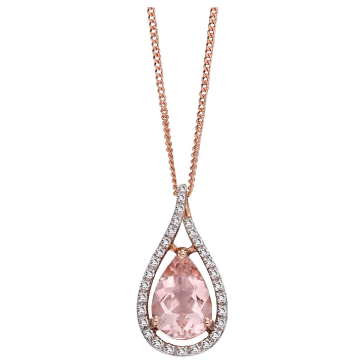 Elements Gold GP2164P Morganite Teardrop Pendant With Diamonds in 9ct Rose Gold