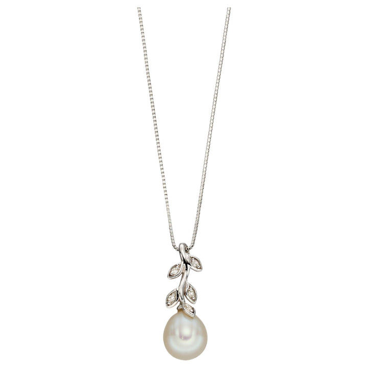 Elements Gold GP2238W Pearl And Diamond Vine Pendant in 9ct Gold