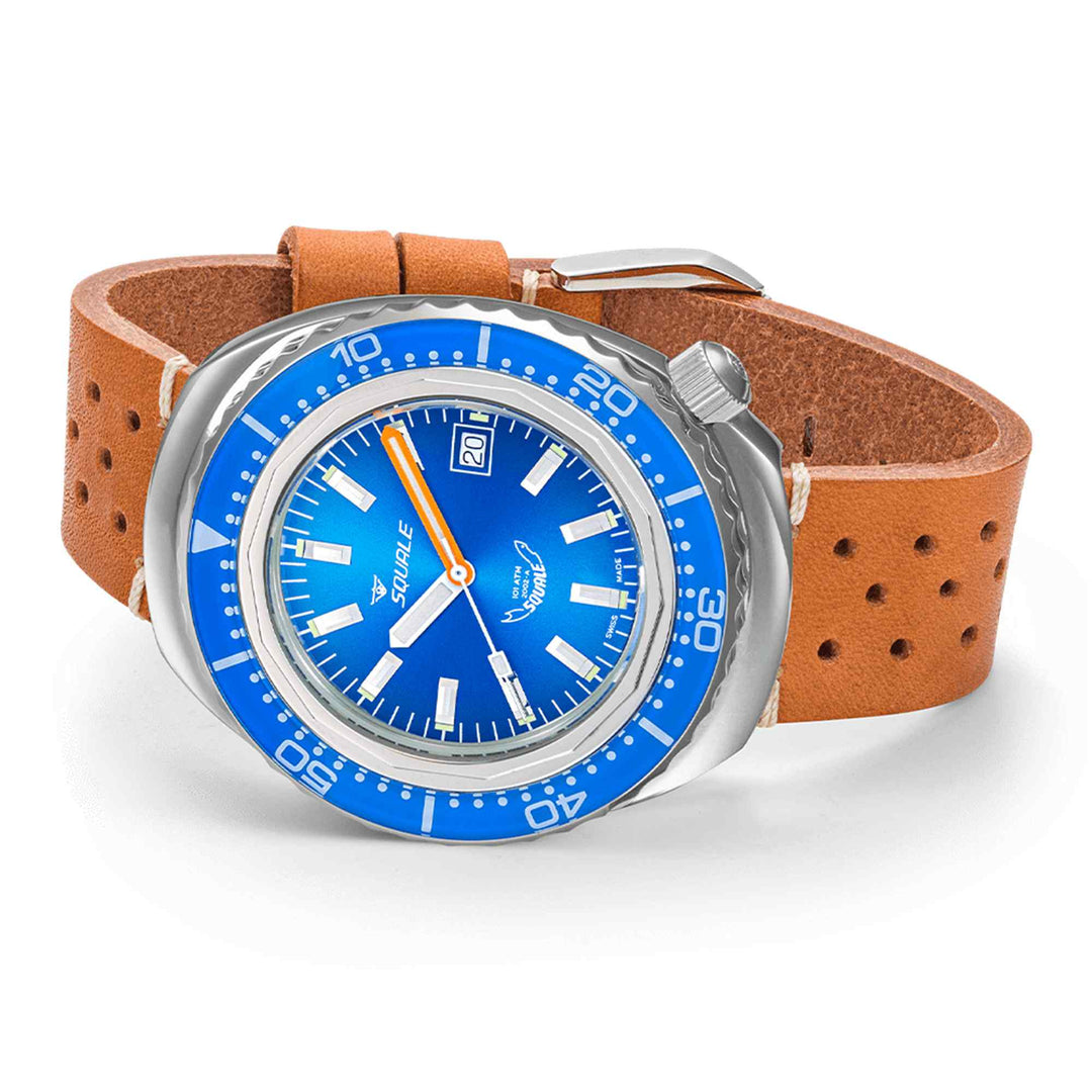 Squale 2002.SS.BL.BL.PTC Blue Dial Brown Leather Wristwatch