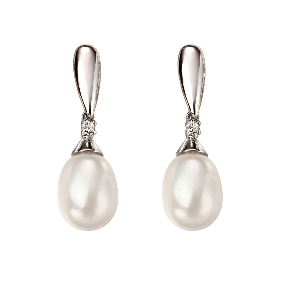 Elements Gold GE2075W Freshwater Pearl and Diamond Drop Earrings