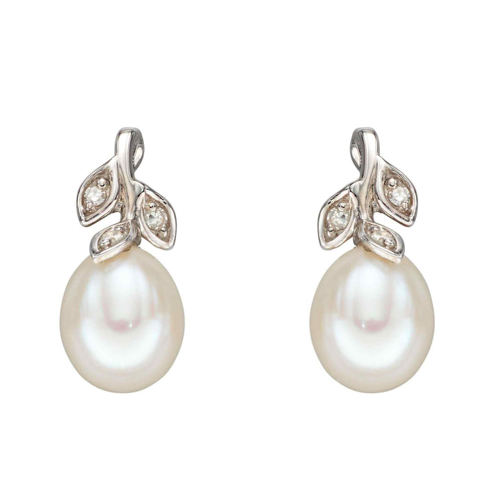 Elements Gold GE2342W Pearl and Diamond Vine Earrings