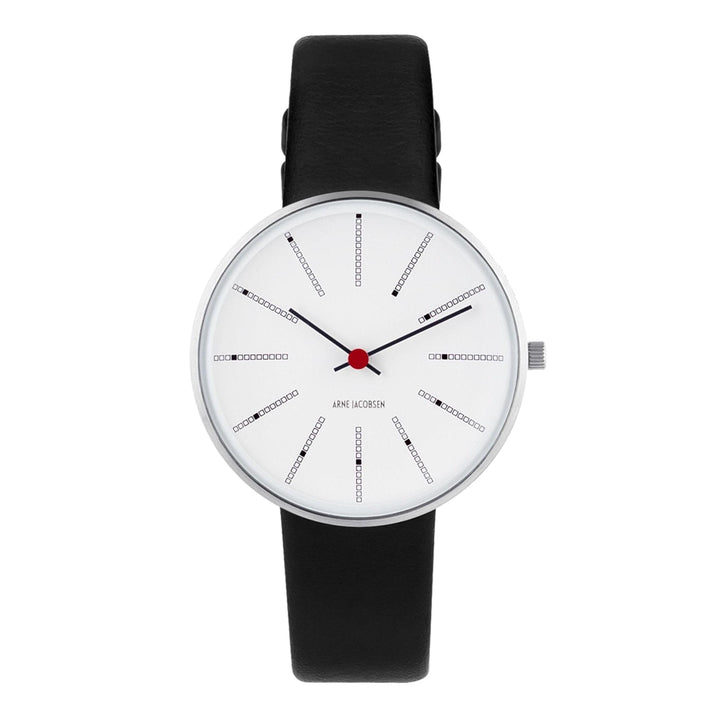 Arne Jacobsen 53101-1601 bankers hvid skive sort læderrem armbåndsur | hs johnson