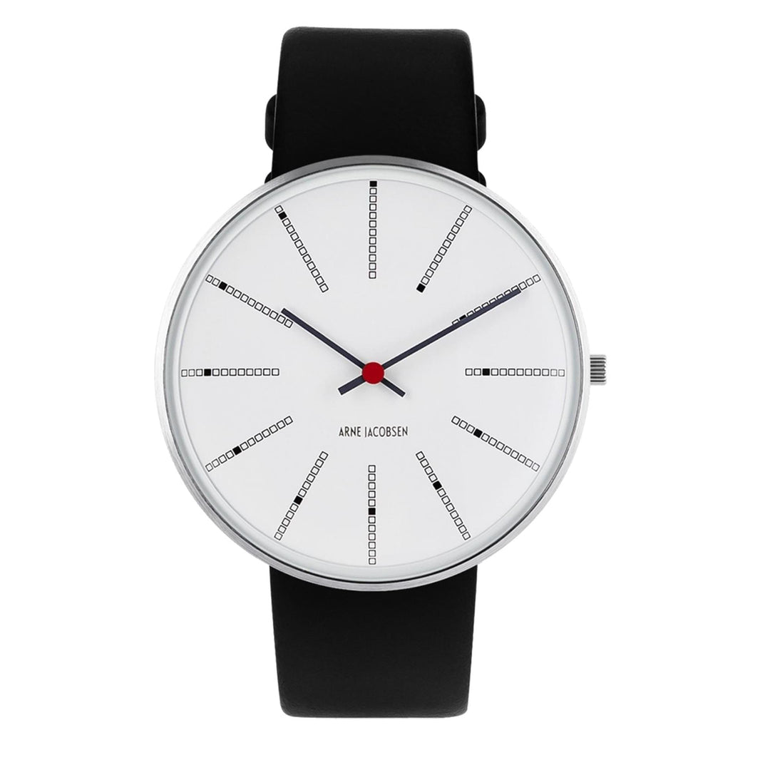 Arne Jacobsen 53102-2001 orologio da polso banchieri quadrante bianco cinturino in pelle nera | hs johnson (7797560344802)