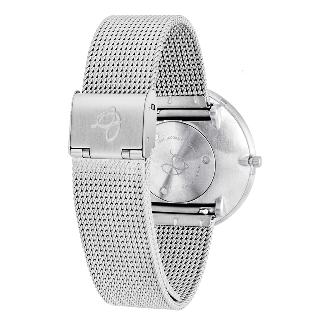 Arne Jacobsen 53102-2008 Bankers Armbanduhr mit weißem Zifferblatt und Stahlgewebearmband | HS Johnson