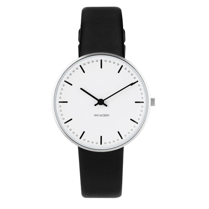 Arne Jacobsen 53201-1601 rådhus hvid urskive sort læderrem armbåndsur | hs johnson