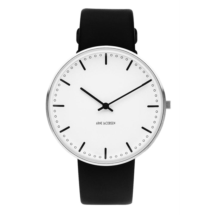 Arne Jacobsen 53202-2001 rådhus hvid urskive sort læderrem armbåndsur | hs johnson