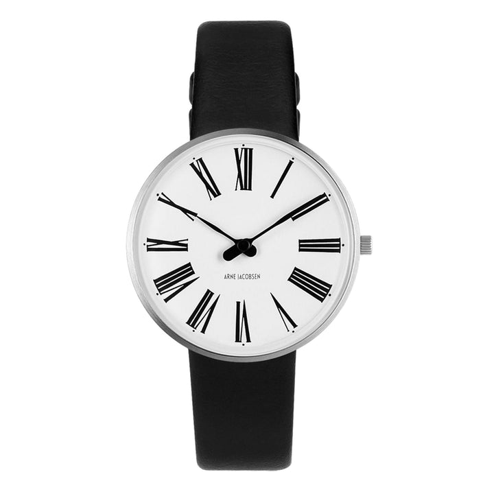 Arne Jacobsen 53301-1601 römische Armbanduhr mit weißem Zifferblatt und schwarzem Lederarmband | HS Johnson