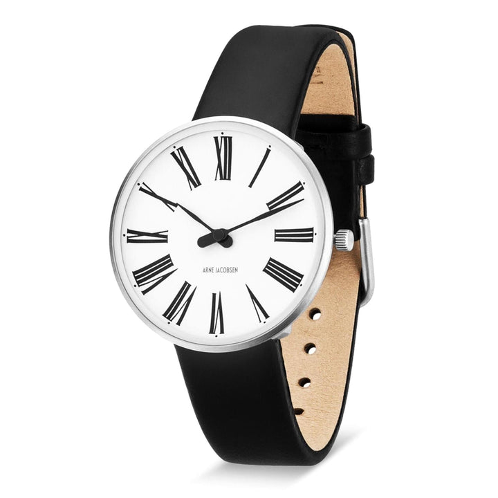 Arne Jacobsen 53301-1601 romersk hvid urskive sort læderrem armbåndsur | hs johnson