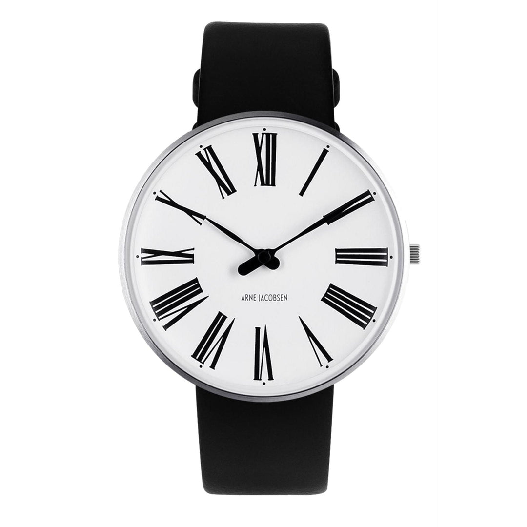 Arne Jacobsen 53302-2001 römische Armbanduhr mit weißem Zifferblatt und schwarzem Lederarmband | HS Johnson