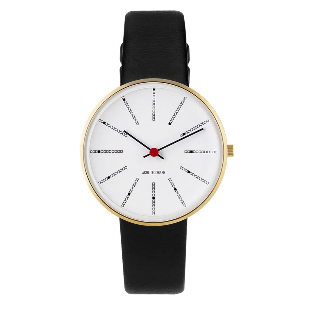 Arne Jacobsen 53107-1601g orologio da polso banchieri quadrante bianco cinturino in pelle nera | hs johnson (7797562245346)