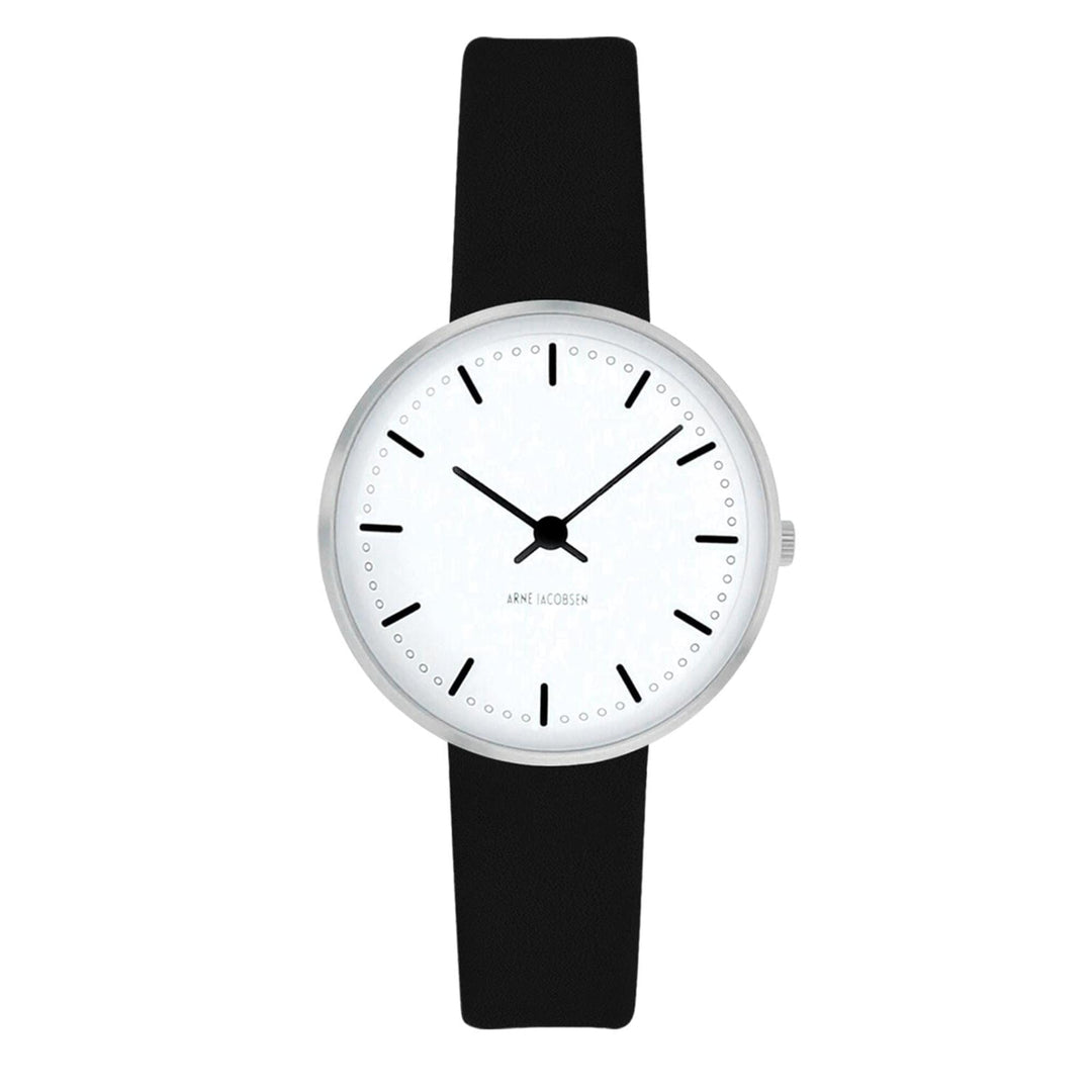Arne Jacobsen 53200-1401 orologio da polso con cinturino in pelle nera quadrante bianco municipio | hs johnson (7797562966242)