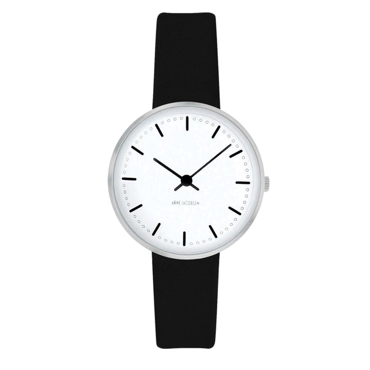 Arne Jacobsen 53200-1401 rådhus hvid urskive sort læderrem armbåndsur | hs johnson