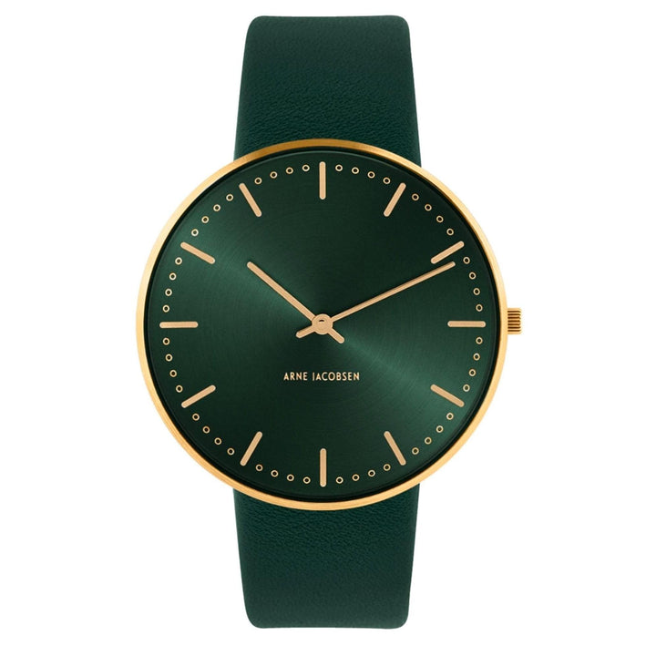 Arne Jacobsen 53208-2088g Rathaus-Armbanduhr mit grünem Zifferblatt und Lederarmband | HS Johnson