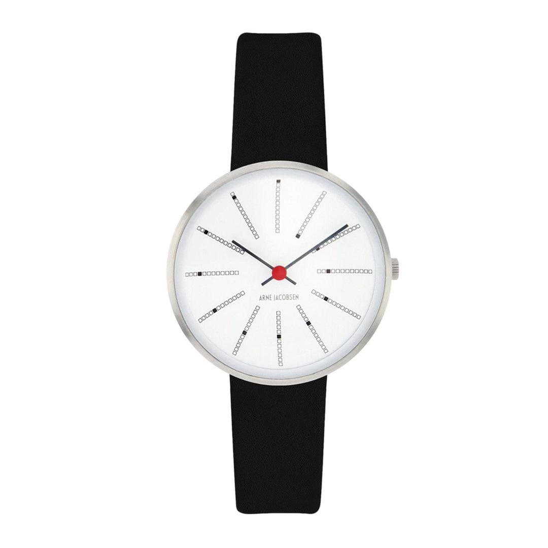 Arne Jacobsen 53100-1401 orologio da polso banchieri quadrante bianco cinturino in pelle nera | hs johnson (8077232931042)